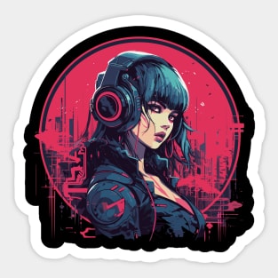 Cyberpunk Woman with Headphones listening to music Sticker